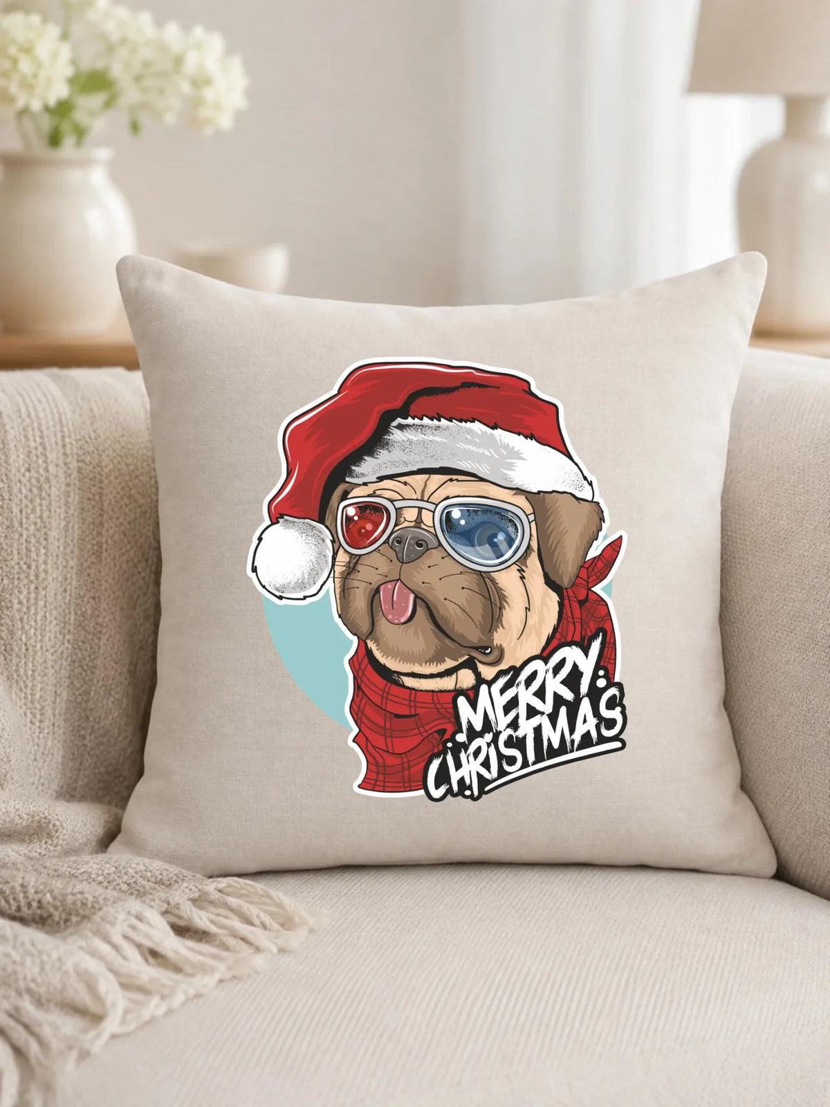 Poduszka świąteczna - Mops Merry Christmas BN62