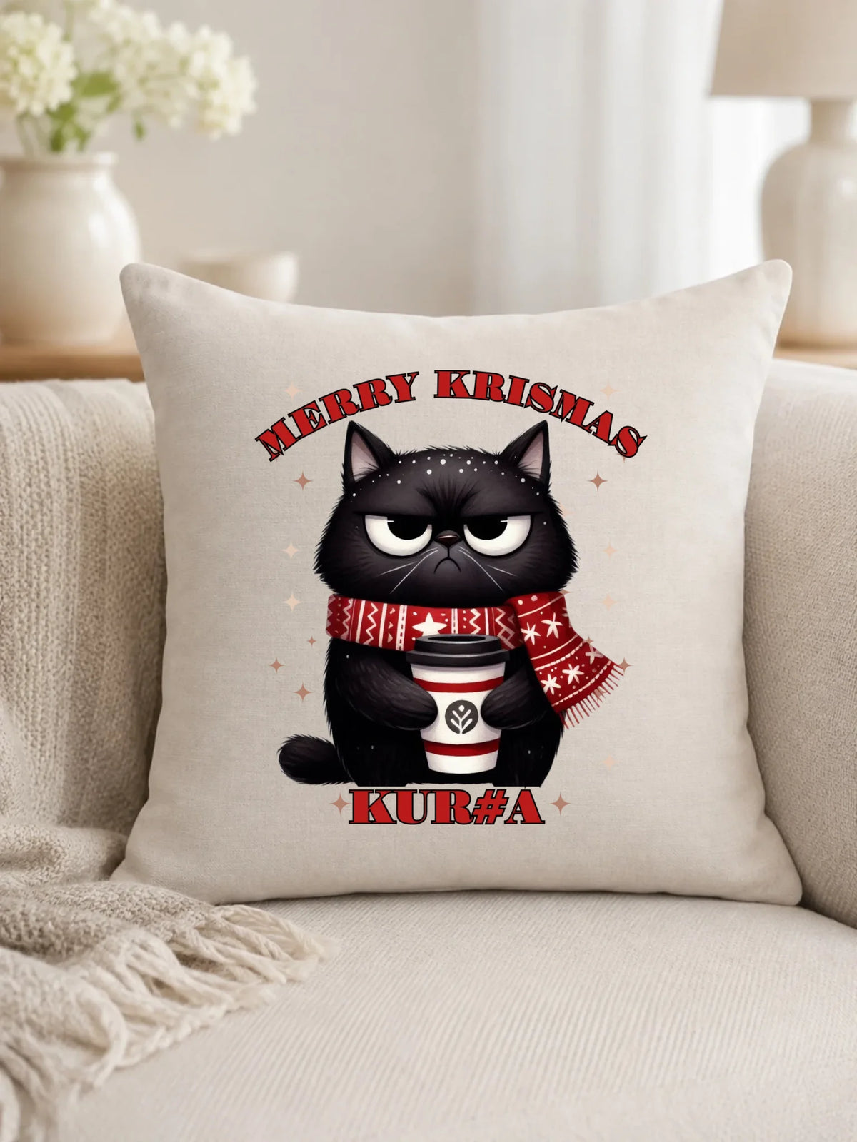 Poduszka świąteczna - Zburczany kot Merry Krismas kur#a - bez cenzury BN34