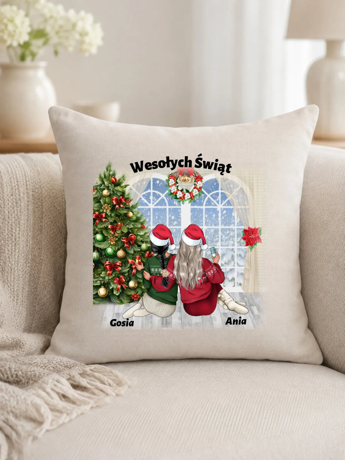 Prezent na Święta dla przyjaciółki 2-4 osoby | Personalizowana świąteczna poduszka P05