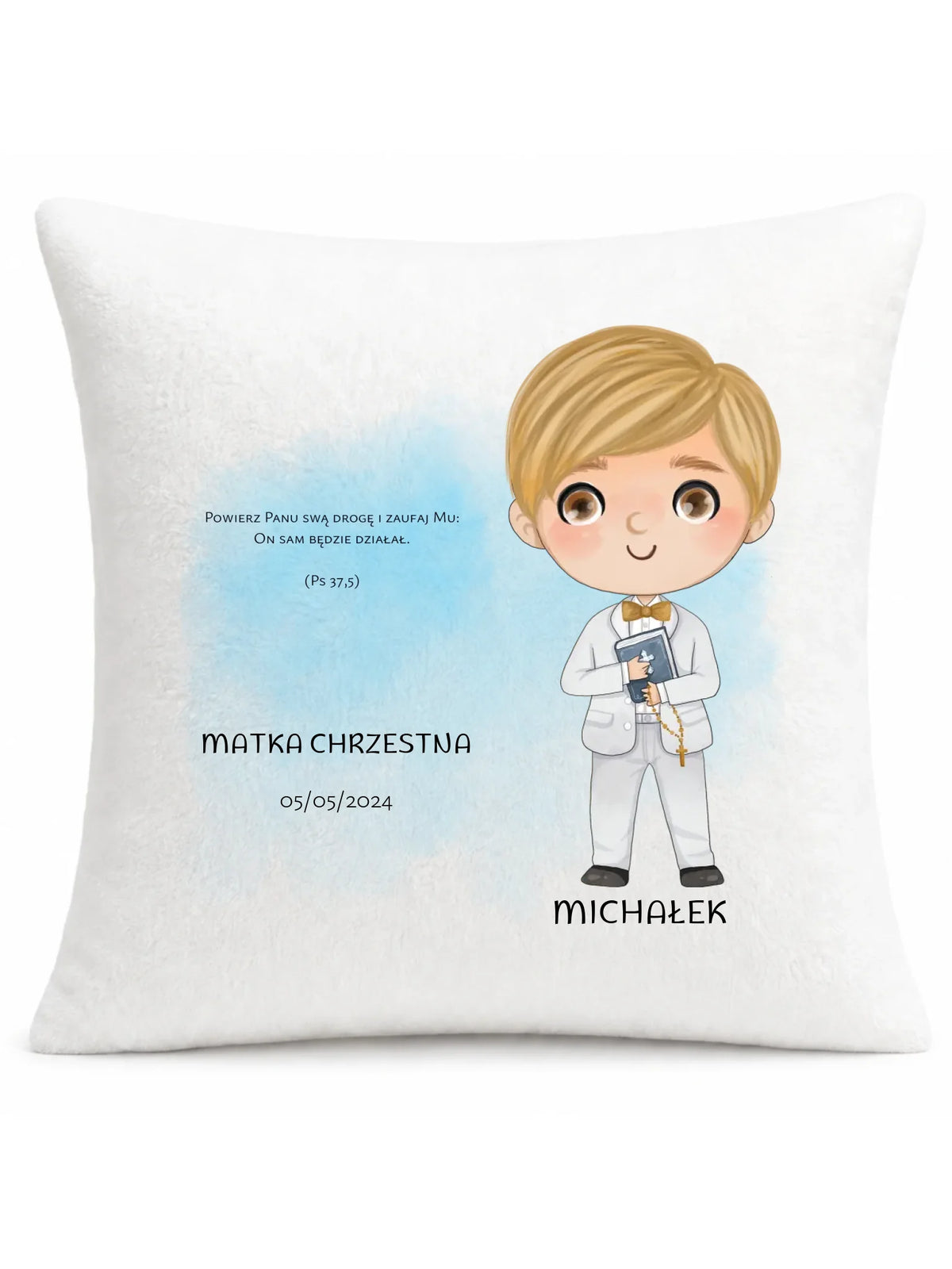 Poduszka Pierwsza Komunia Święta dla chłopca personalizacja cytat PK05