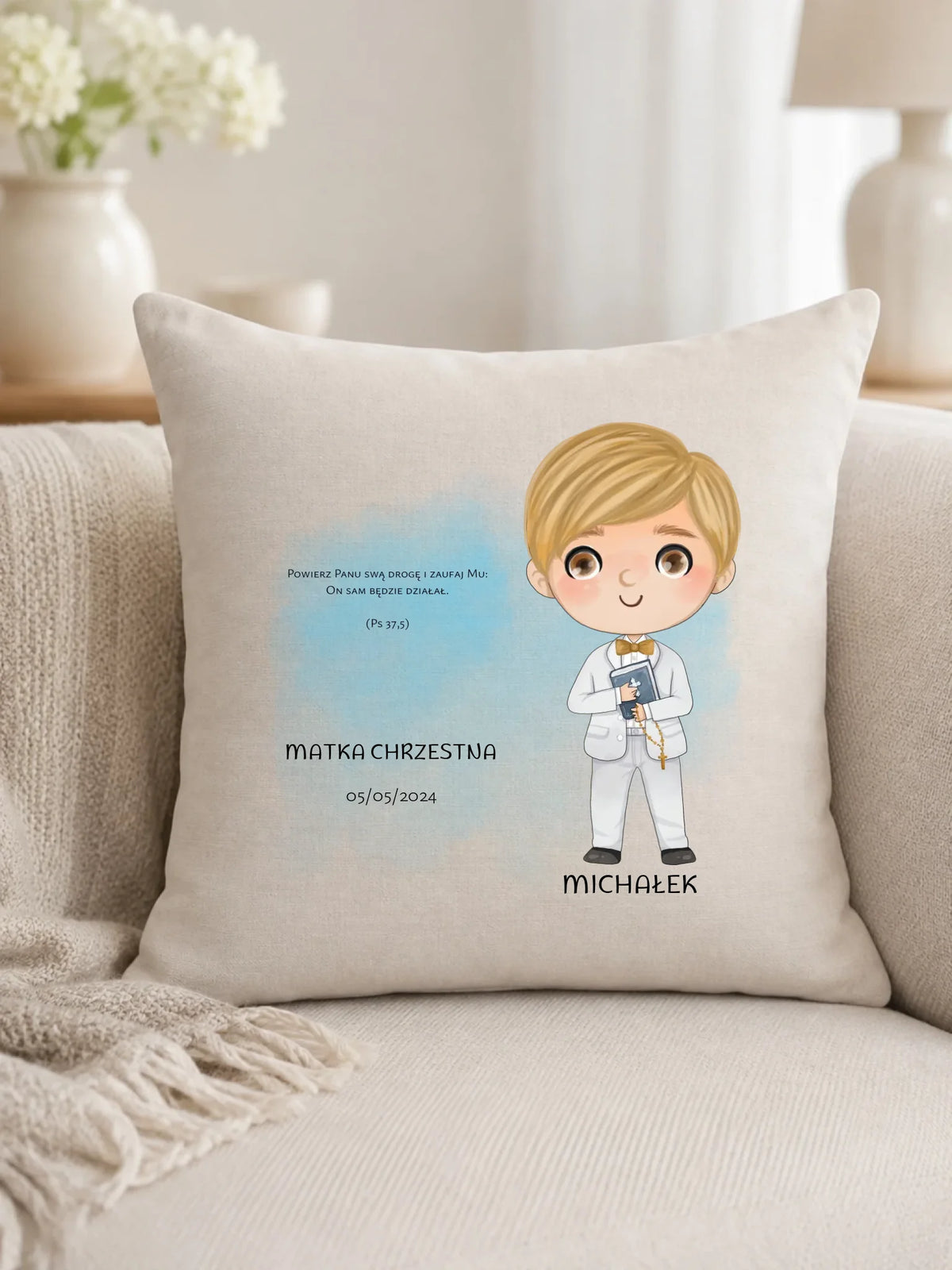 Poduszka Pierwsza Komunia Święta dla chłopca personalizacja cytat PK05