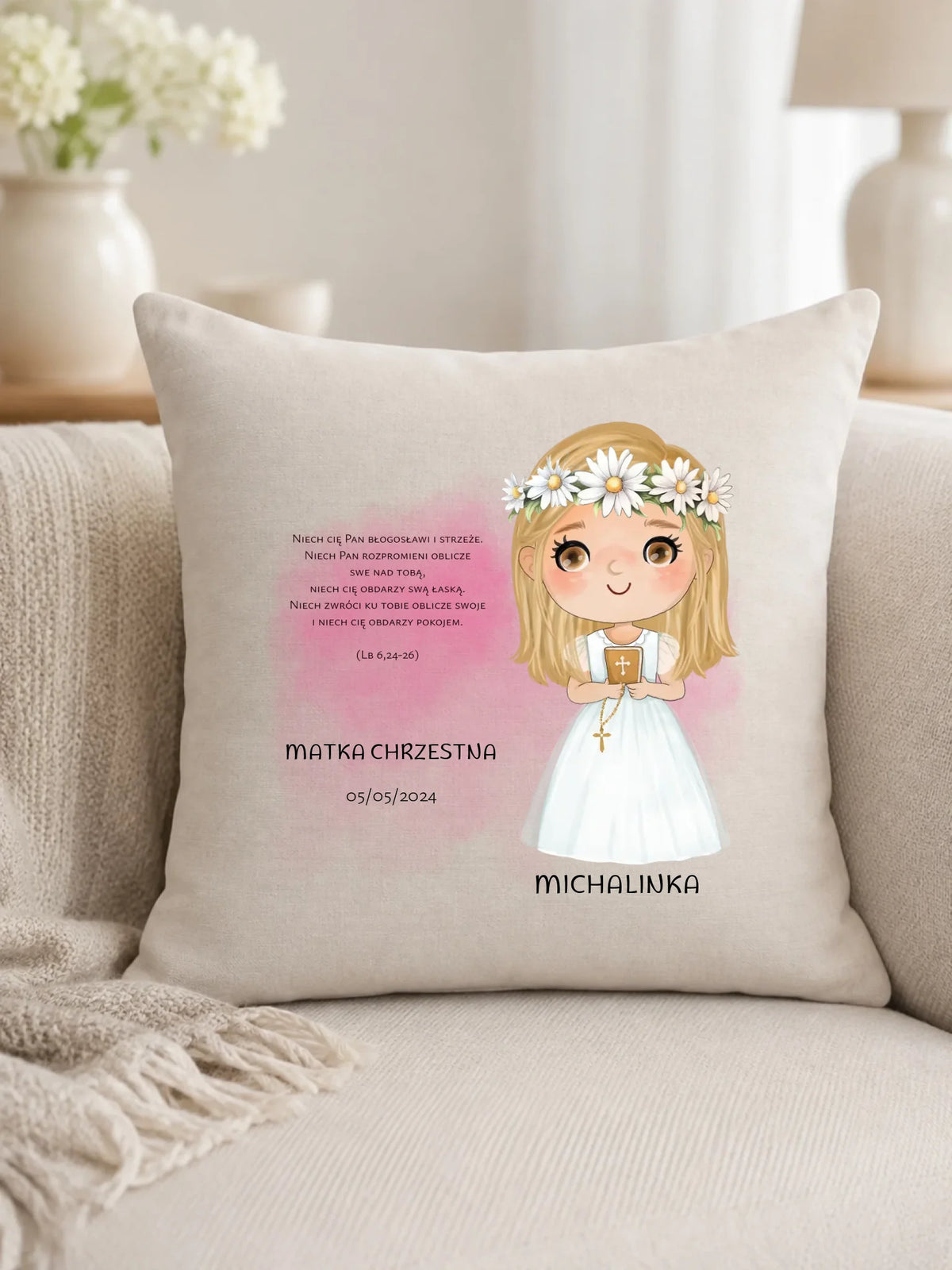 Poduszka Pierwsza Komunia Święta dla dziewczynki personalizacja cytat PK04