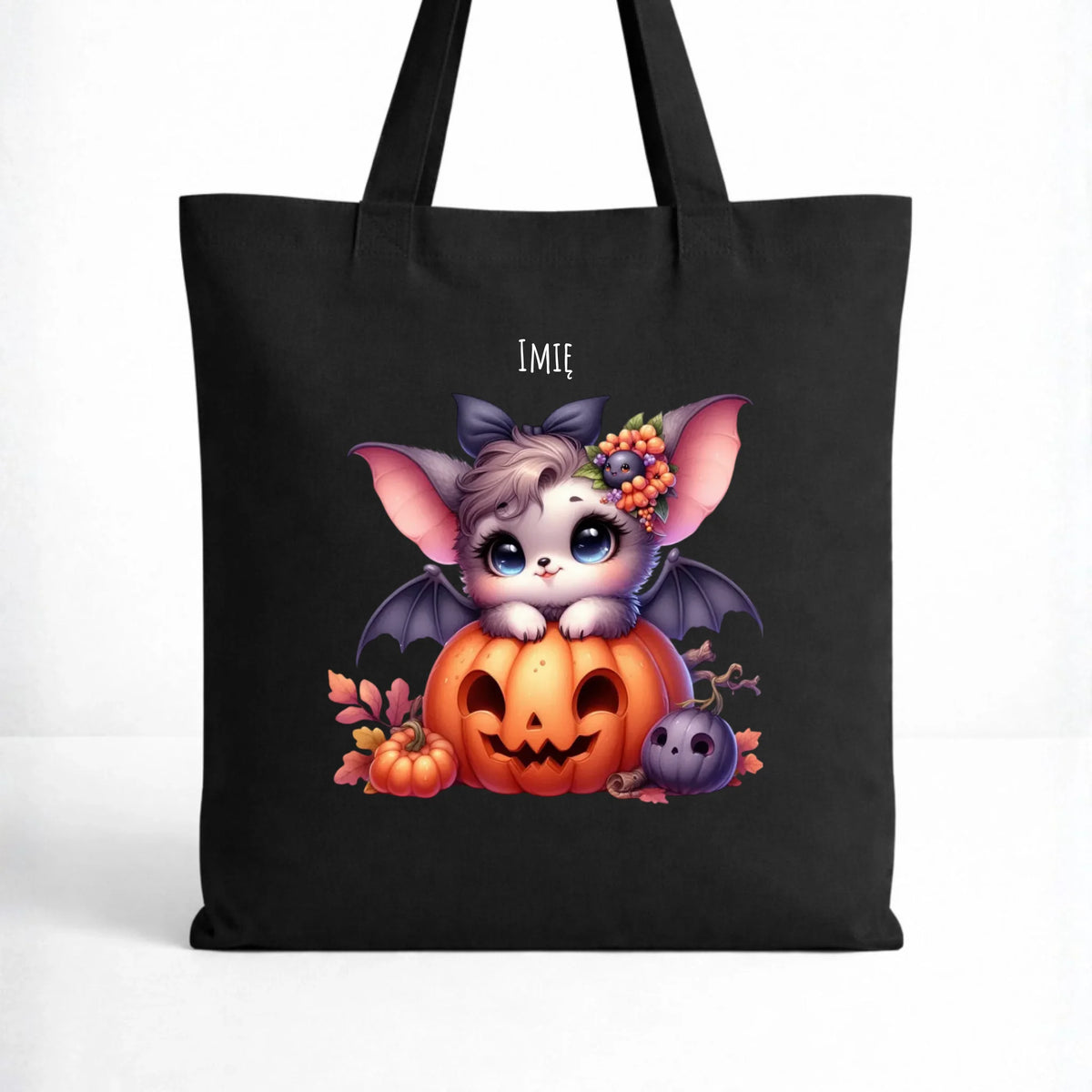Torba halloweenowa - Uroczy nietoperz z dynią - personalizowana HL08