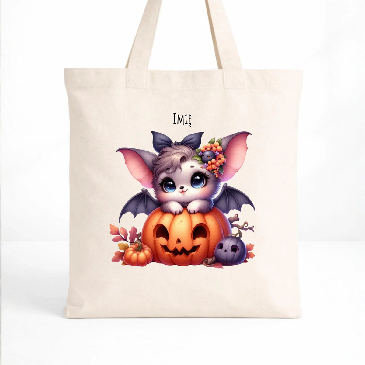 Torba halloweenowa - Uroczy nietoperz z dynią - personalizowana HL08
