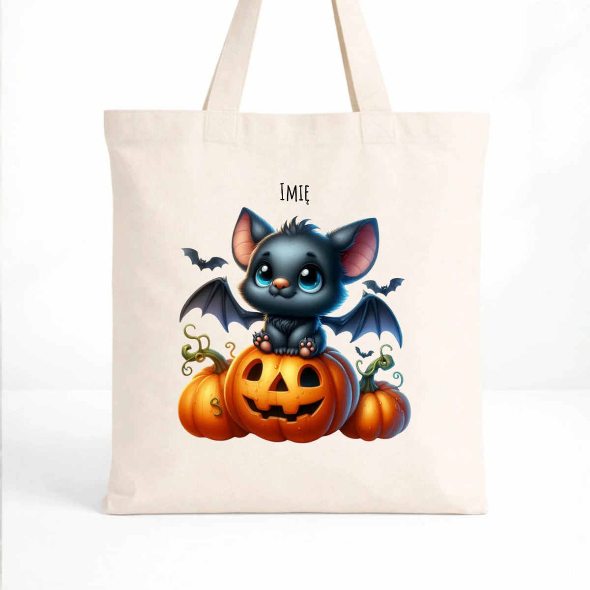 Torba halloweenowa - Słodki nietoperz z dynią - personalizowana HL09