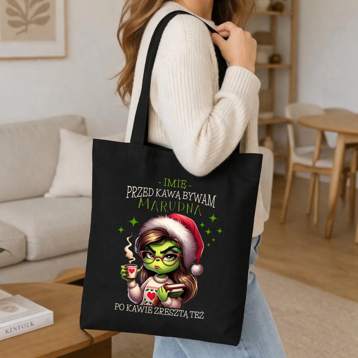 Torba świąteczna - Grinch - Przed kawą bywam marudna - personalizowana BN116