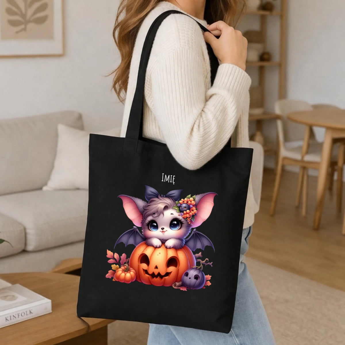 Torba halloweenowa - Uroczy nietoperz z dynią - personalizowana HL08