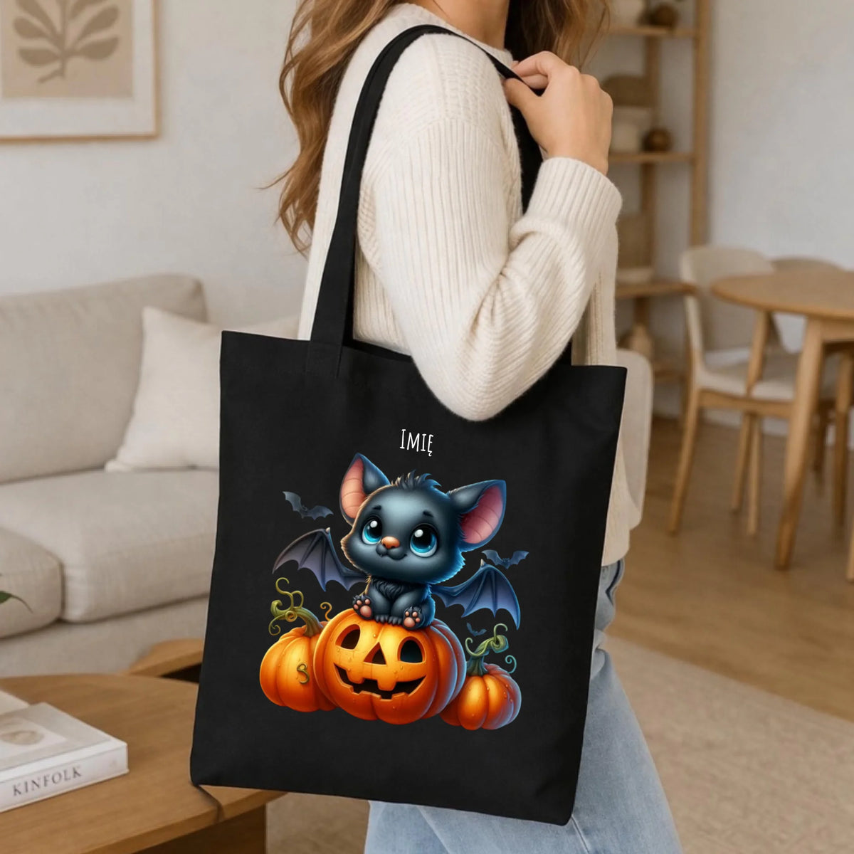 Torba halloweenowa - Słodki nietoperz z dynią - personalizowana HL09