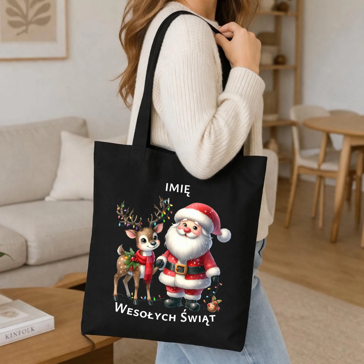 Torba świąteczna - Mikołaj z reniferem - personalizowana BN09
