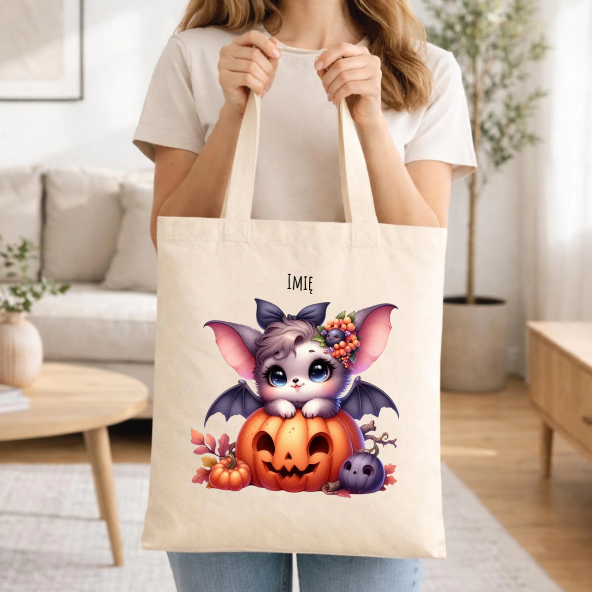 Torba halloweenowa - Uroczy nietoperz z dynią - personalizowana HL08
