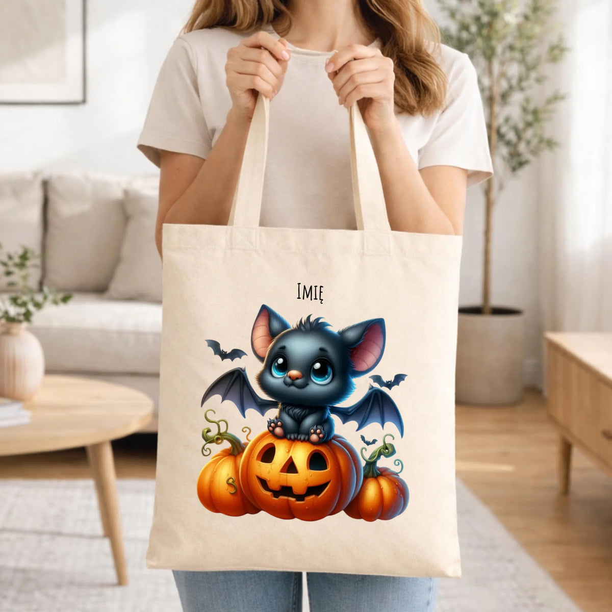 Torba halloweenowa - Słodki nietoperz z dynią - personalizowana HL09