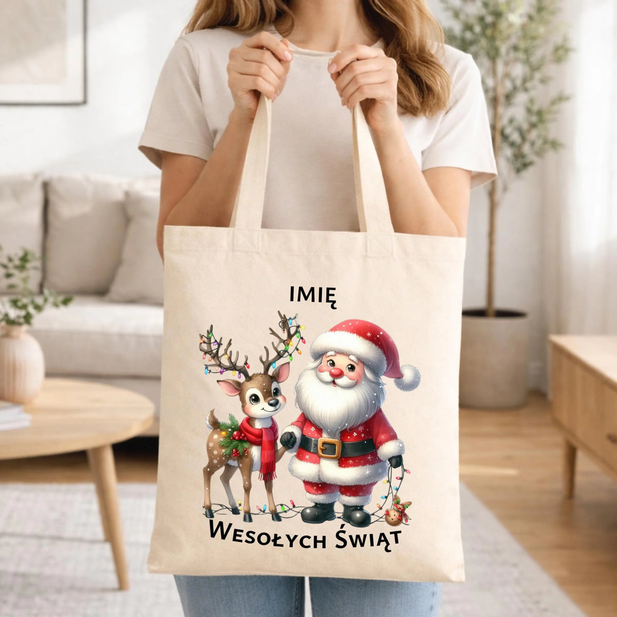 Torba świąteczna - Mikołaj z reniferem - personalizowana BN09