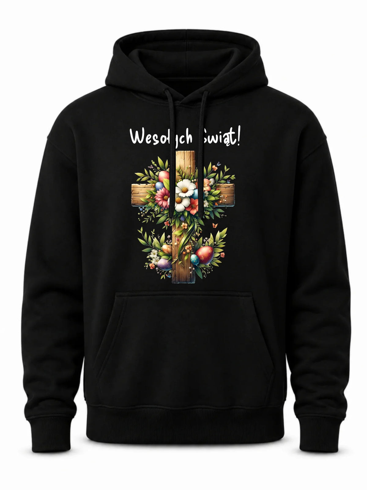 Bluza męska z kapturem na Wielkanoc - Krzyż z kwiatami Wesołych Świąt WN02