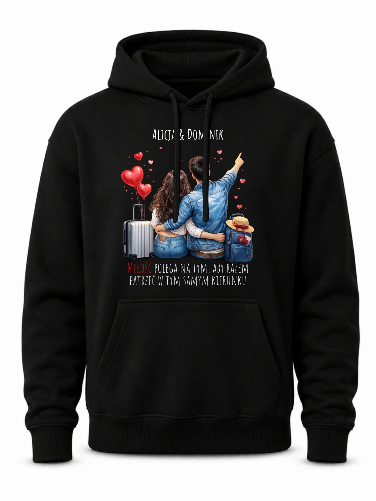 Bluza męska z kapturem dla par - Para w podróży miłość - personalizowana W12