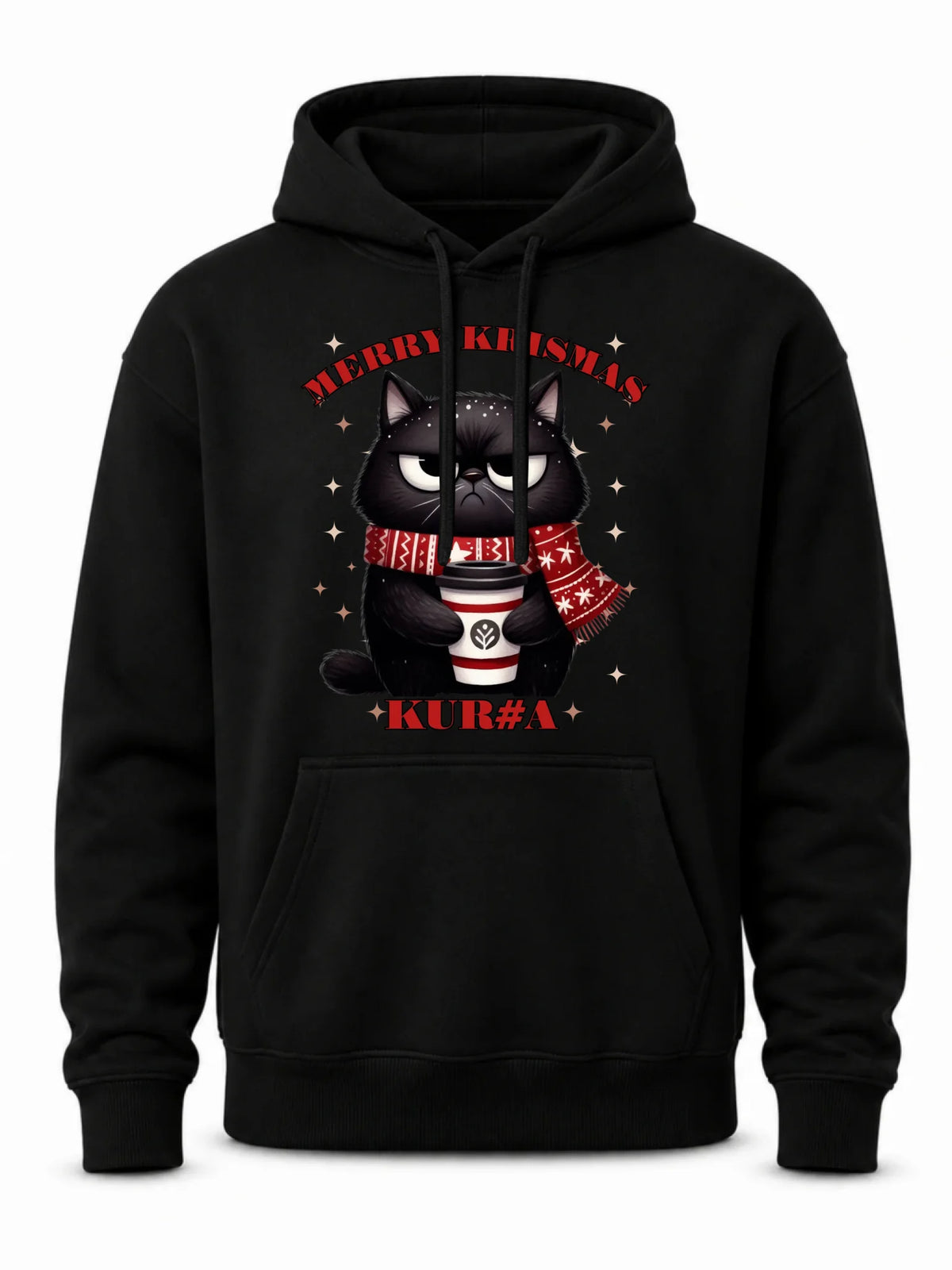 Bluza męska z kapturem świąteczna - Zburczany kot Merry Krismas kur#a - bez cenzury BN34