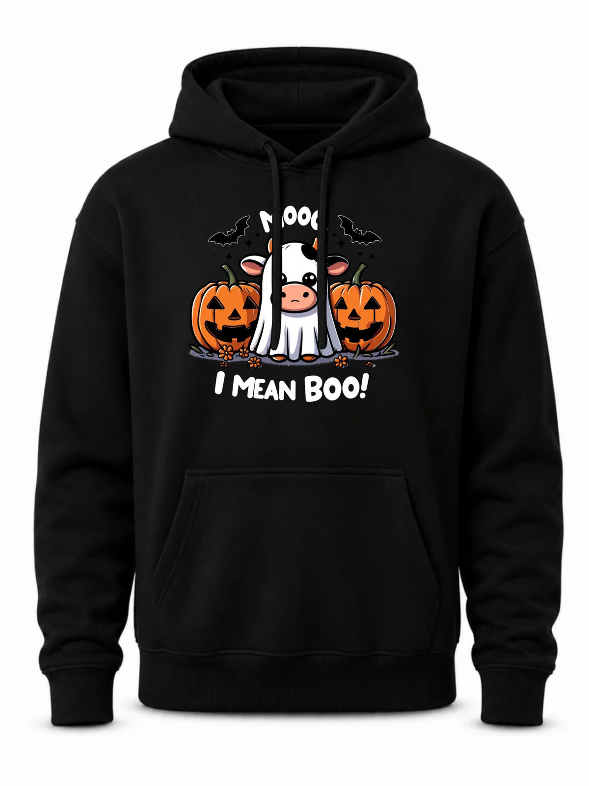 Bluza męska z kapturem na Halloween - Mooo I mean Boo! - z dynią i duchem HL14