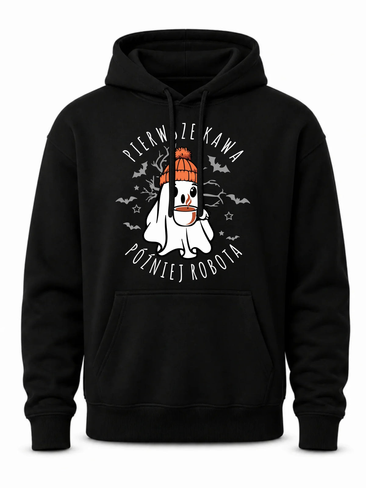 Bluza męska z kapturem na Halloween - Duch z kawą - Pierwsze kawa później robota HL01