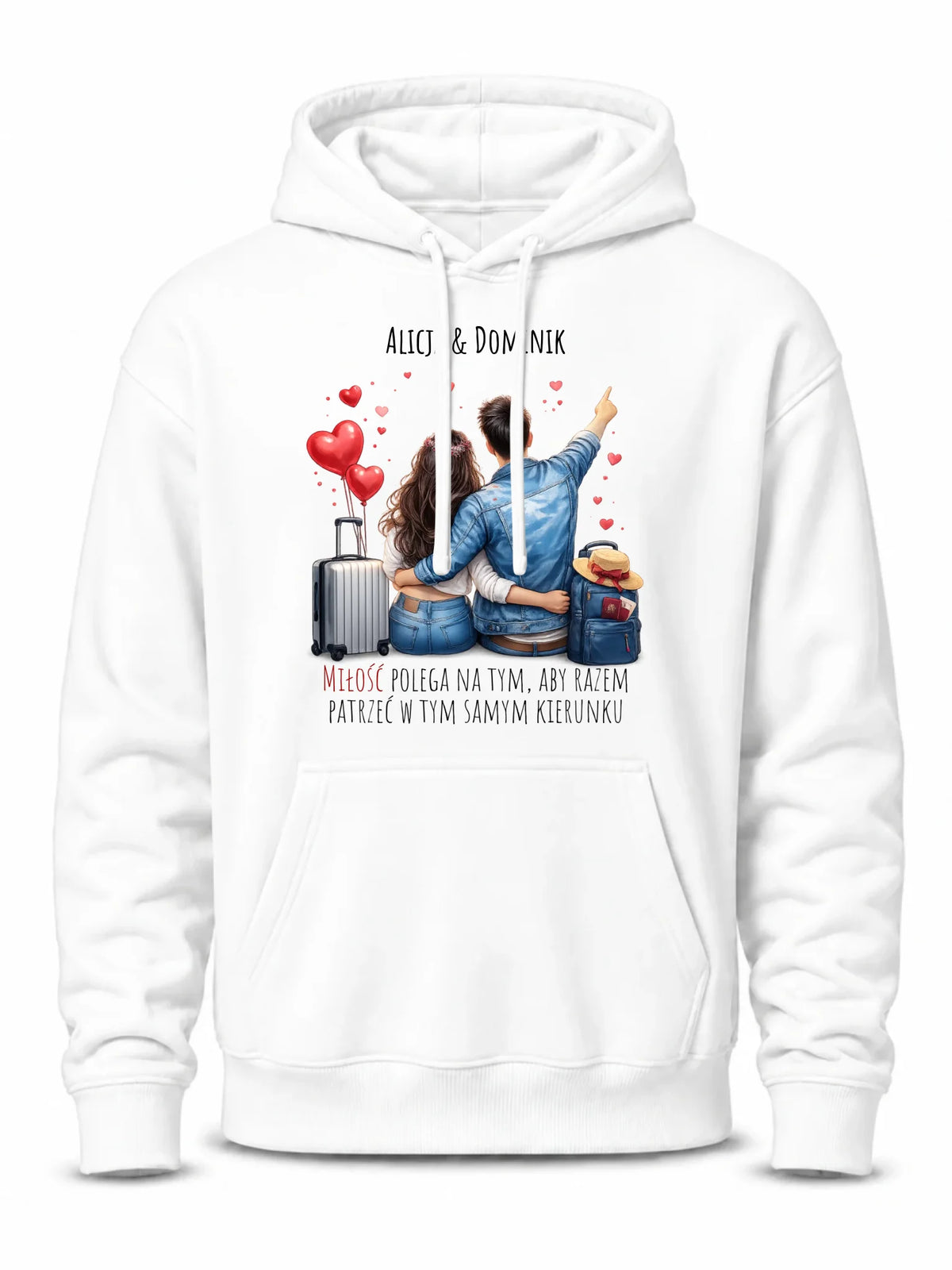 Bluza męska z kapturem dla par - Para w podróży miłość - personalizowana W12