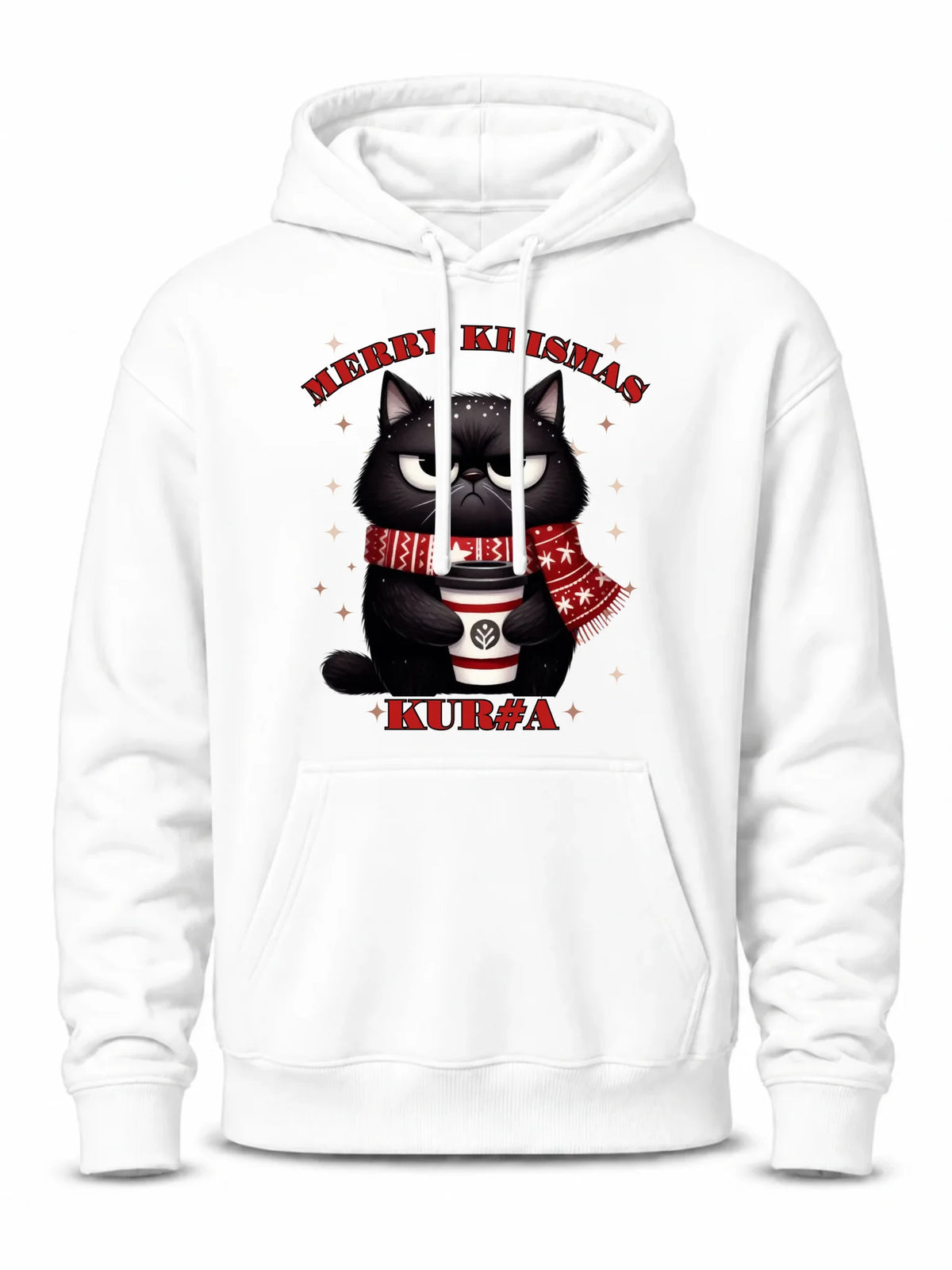 Bluza męska z kapturem świąteczna - Zburczany kot Merry Krismas kur#a - bez cenzury BN34
