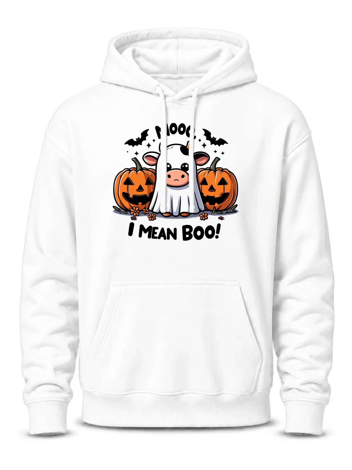 Bluza męska z kapturem na Halloween - Mooo I mean Boo! - z dynią i duchem HL14
