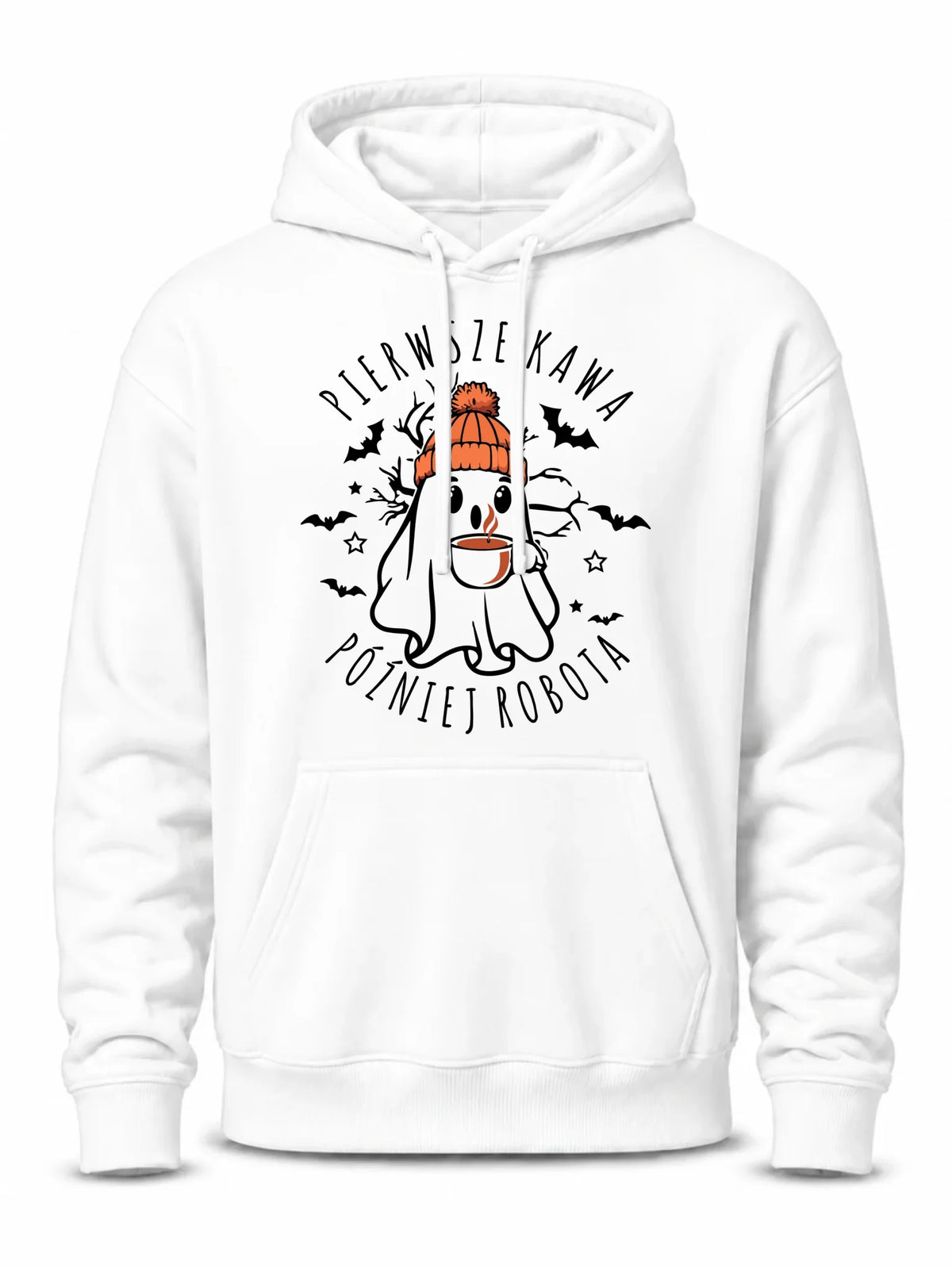 Bluza męska z kapturem na Halloween - Duch z kawą - Pierwsze kawa później robota HL01