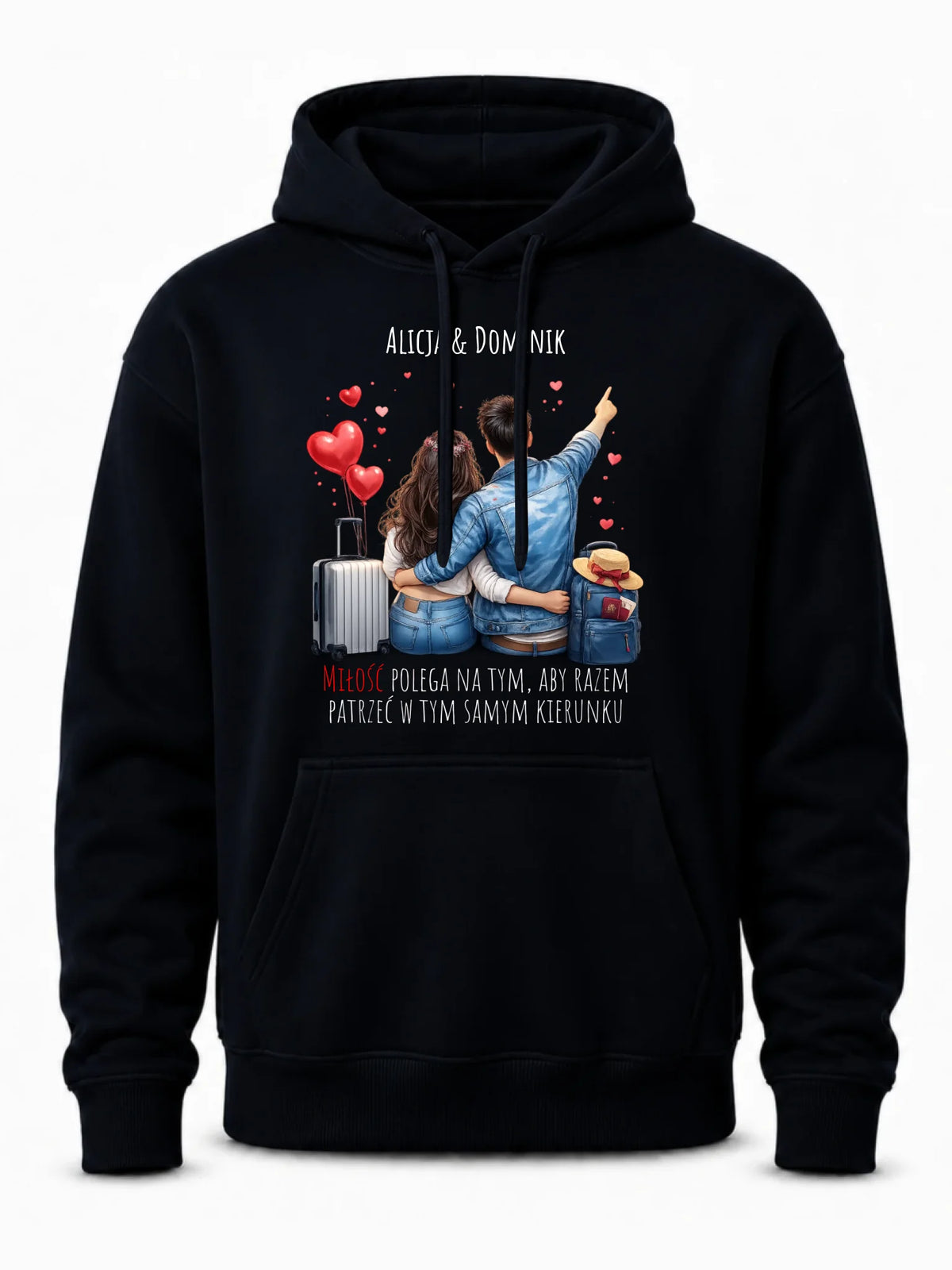 Bluza męska z kapturem dla par - Para w podróży miłość - personalizowana W12