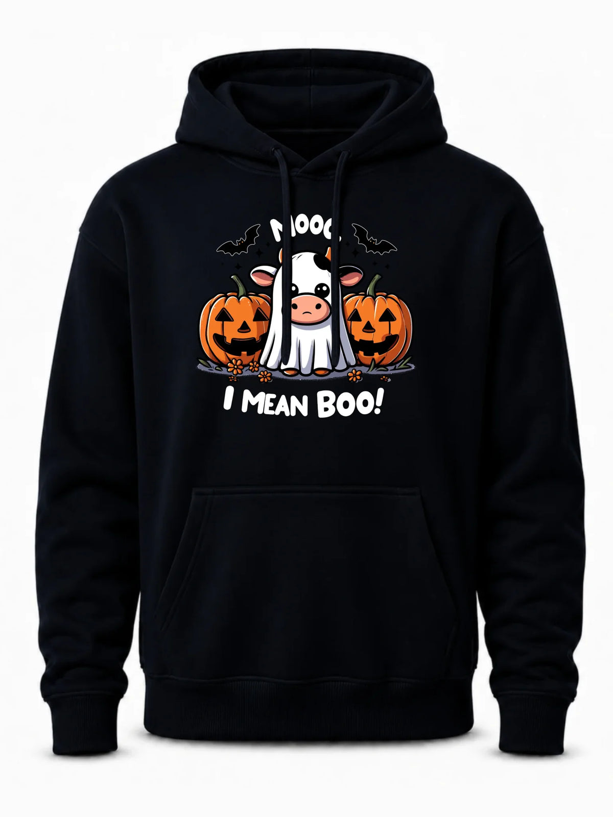 Bluza męska z kapturem na Halloween - Mooo I mean Boo! - z dynią i duchem HL14