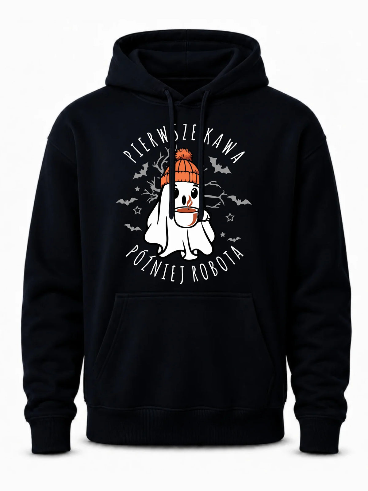 Bluza męska z kapturem na Halloween - Duch z kawą - Pierwsze kawa później robota HL01
