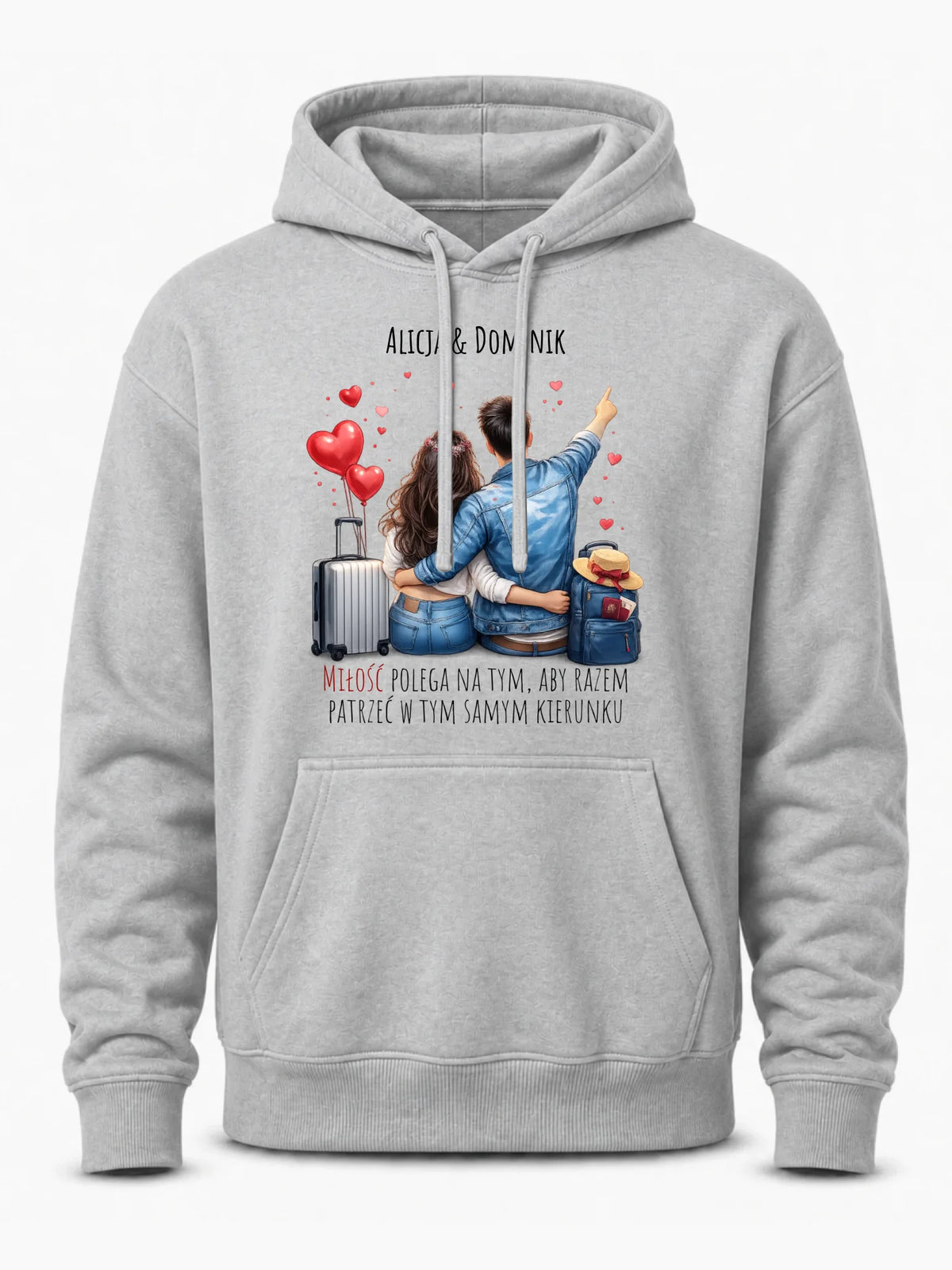 Bluza męska z kapturem dla par - Para w podróży miłość - personalizowana W12