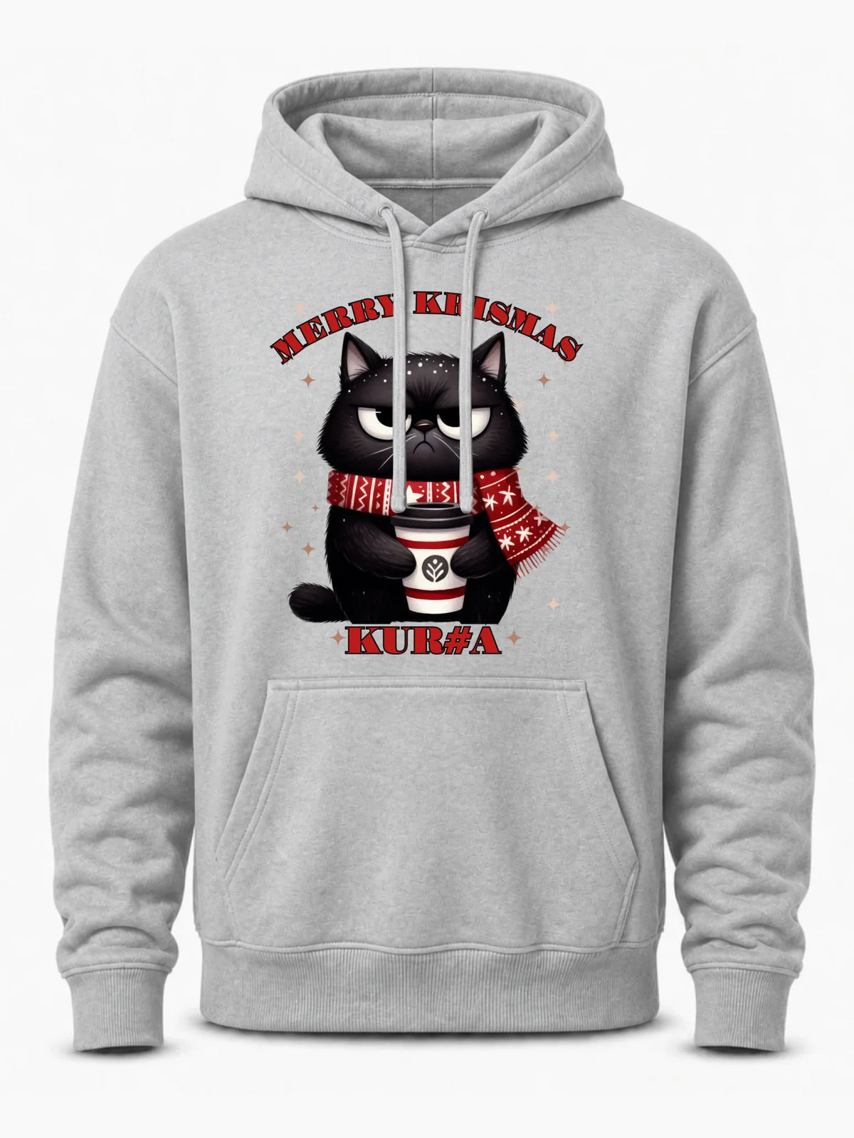 Bluza męska z kapturem świąteczna - Zburczany kot Merry Krismas kur#a - bez cenzury BN34