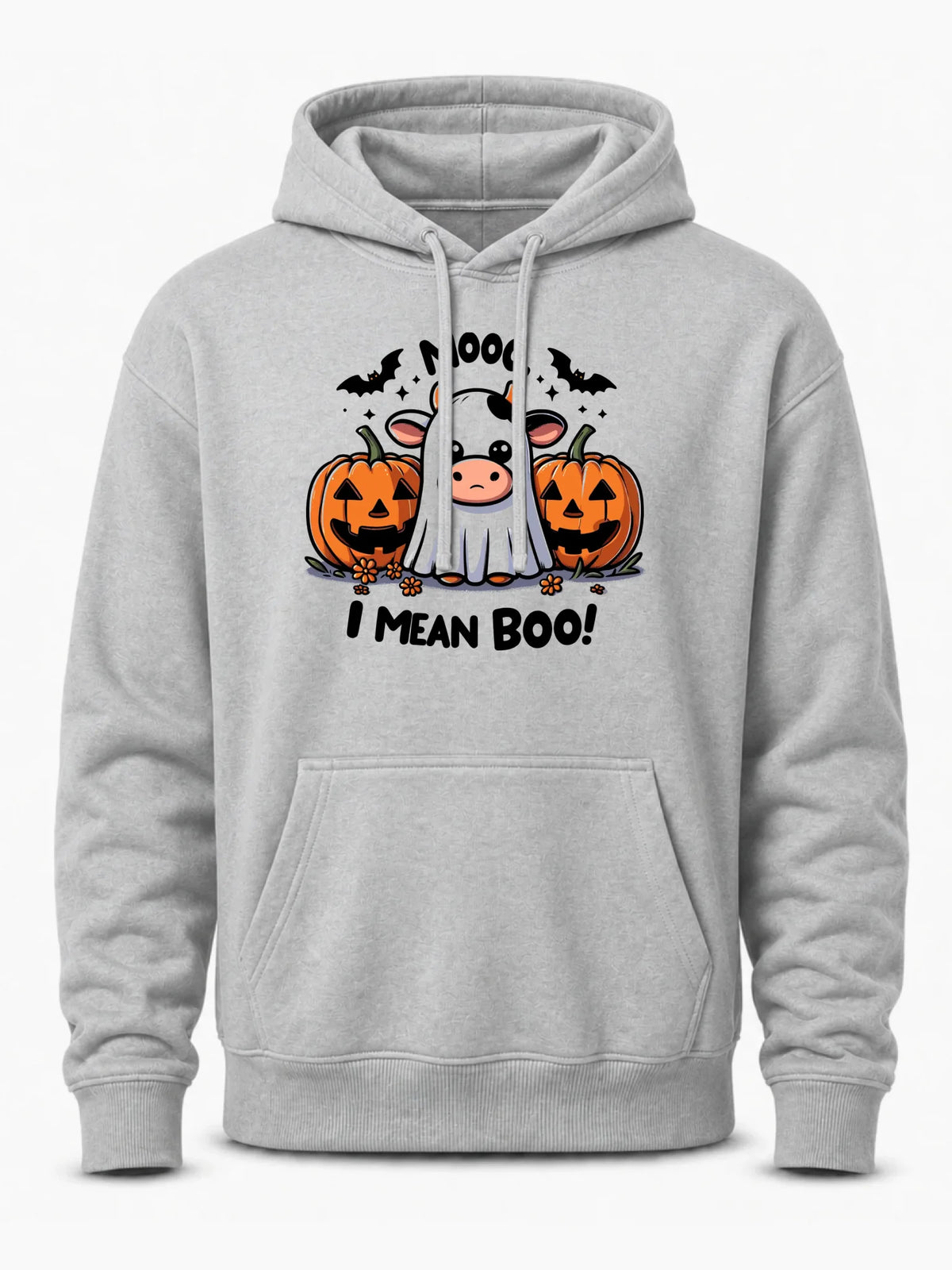 Bluza męska z kapturem na Halloween - Mooo I mean Boo! - z dynią i duchem HL14