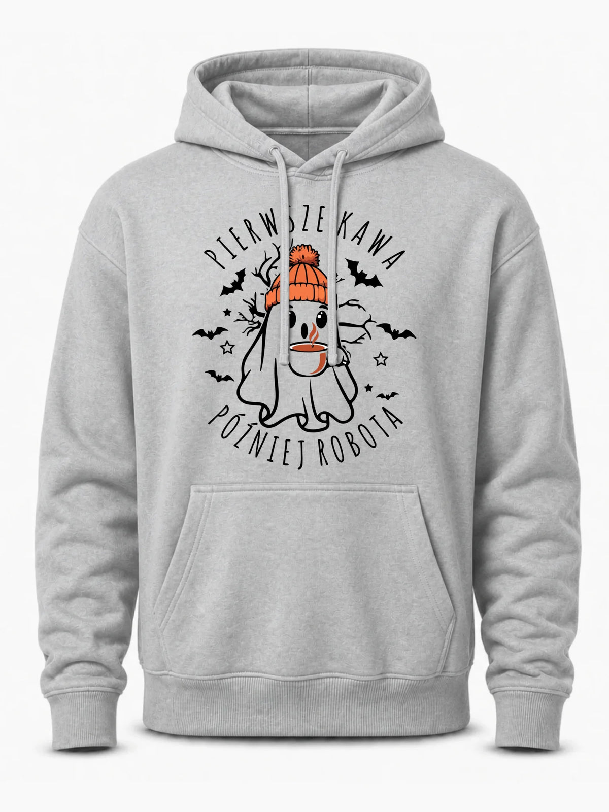 Bluza męska z kapturem na Halloween - Duch z kawą - Pierwsze kawa później robota HL01