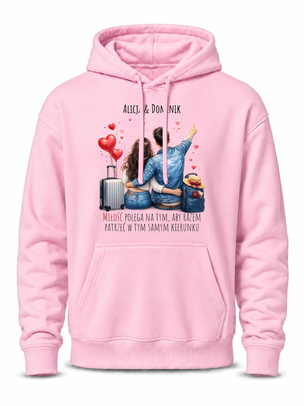 Bluza męska z kapturem dla par - Para w podróży miłość - personalizowana W12