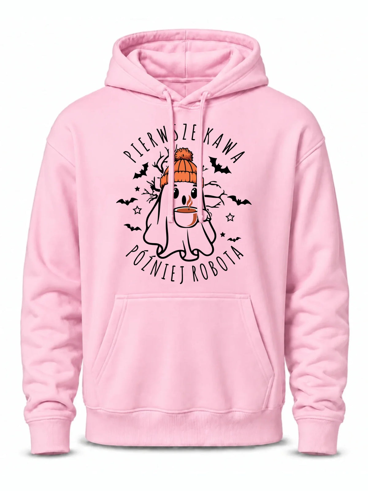 Bluza męska z kapturem na Halloween - Duch z kawą - Pierwsze kawa później robota HL01