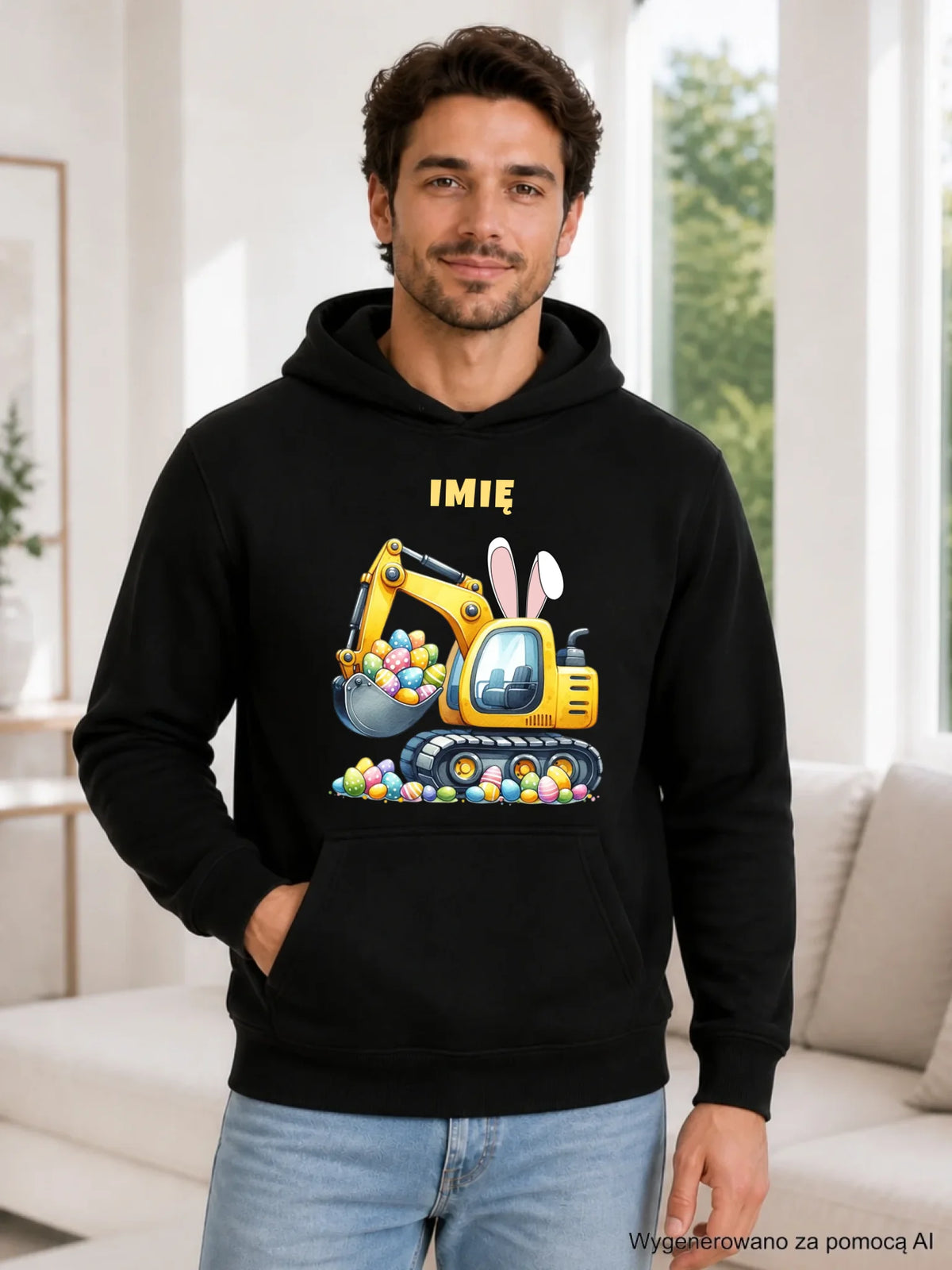 Bluza męska z kapturem na Wielkanoc - Koparka z pisankami - personalizowana WN17