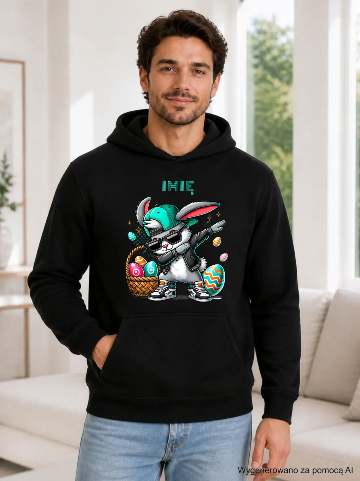 Bluza męska z kapturem wielkanocna - Zajączek Dab dance - personalizowana WN09