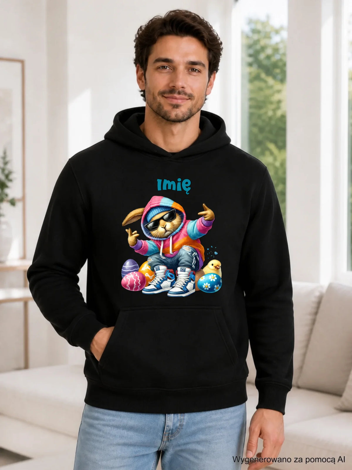 Bluza męska z kapturem na Wielkanoc - Sigma Zając w pisankach - Prezent personalizowany WN04