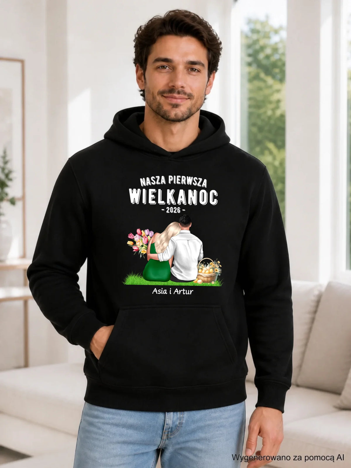 Bluza męska z kapturem wielkanocna dla par - Nasza pierwsza Wielkanoc - personalizowana WN16