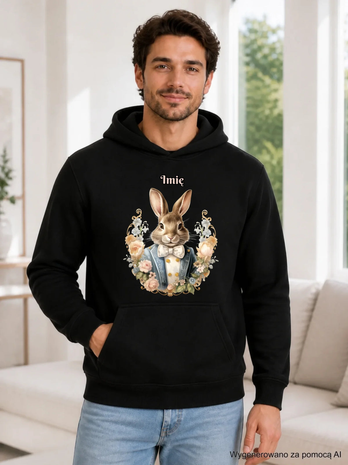 Bluza męska z kapturem na Wielkanoc - Elegancki Pan Zając - personalizowana WN06