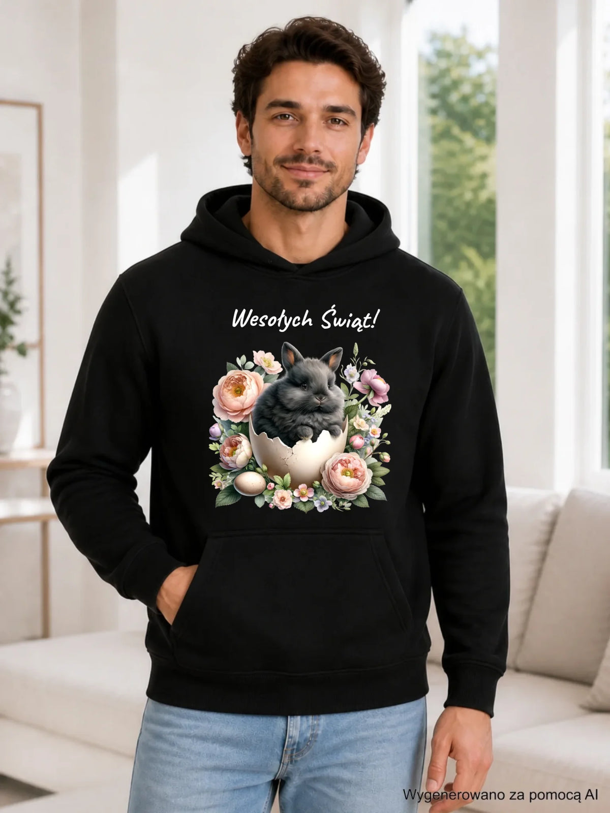 Bluza męska z kapturem na Wielkanoc - Zajączek w pisance Wesołych Świąt WN03