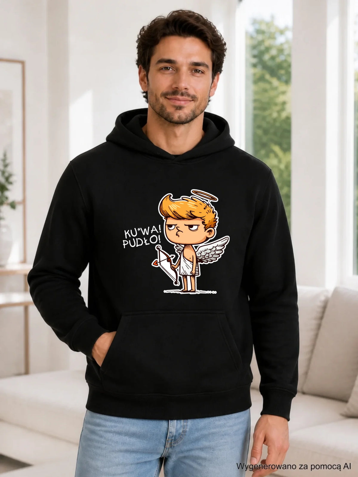 Bluza męska z kapturem - Aniołek z łukiem ku*wa pudło - bez cenzury W56