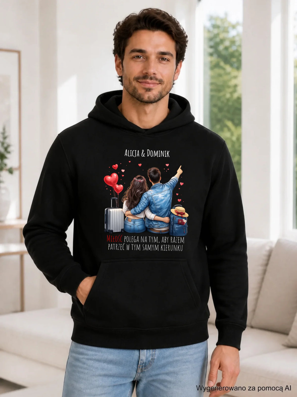 Bluza męska z kapturem dla par - Para w podróży miłość - personalizowana W12