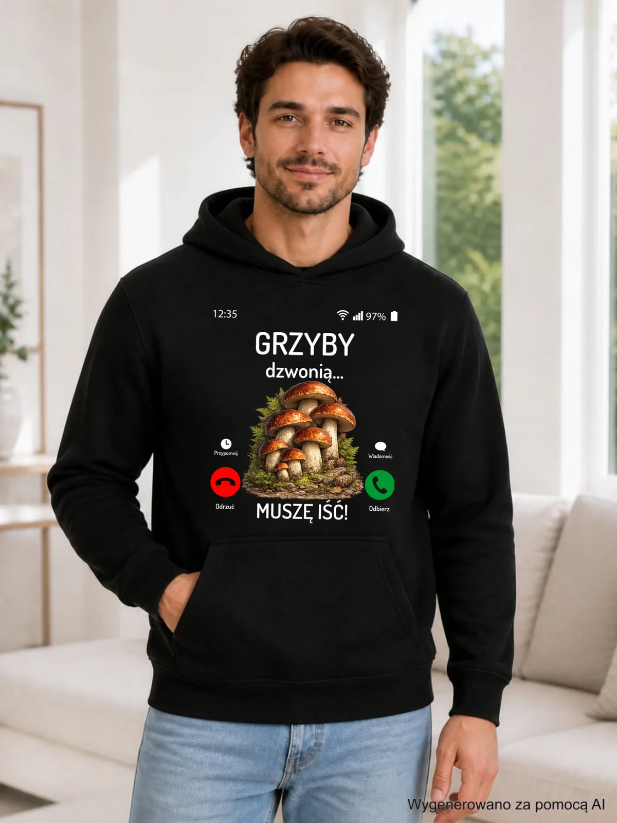 Bluza z kapturem dla dziadka grzybiarza - Grzyby dzwonią muszę iść D36