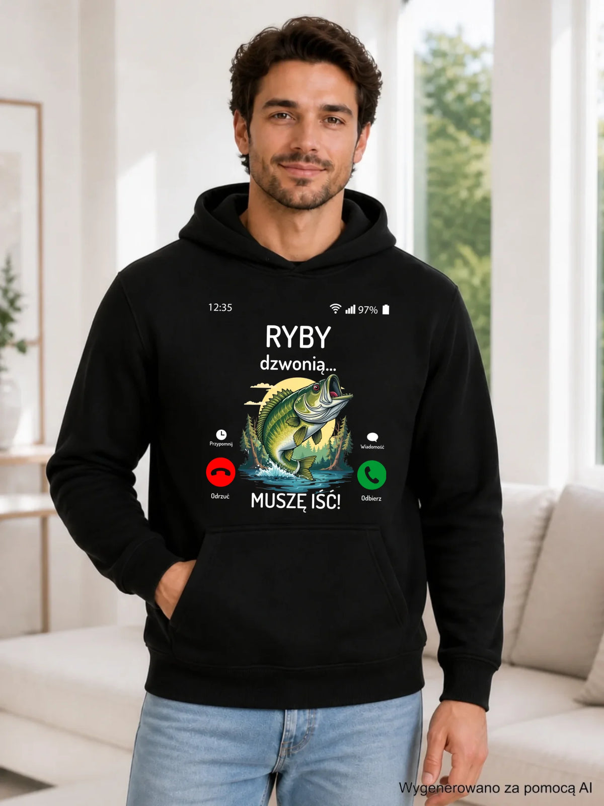 Bluza z kapturem dla dziadka wędkarza - Ryby dzwonią muszę iść D37