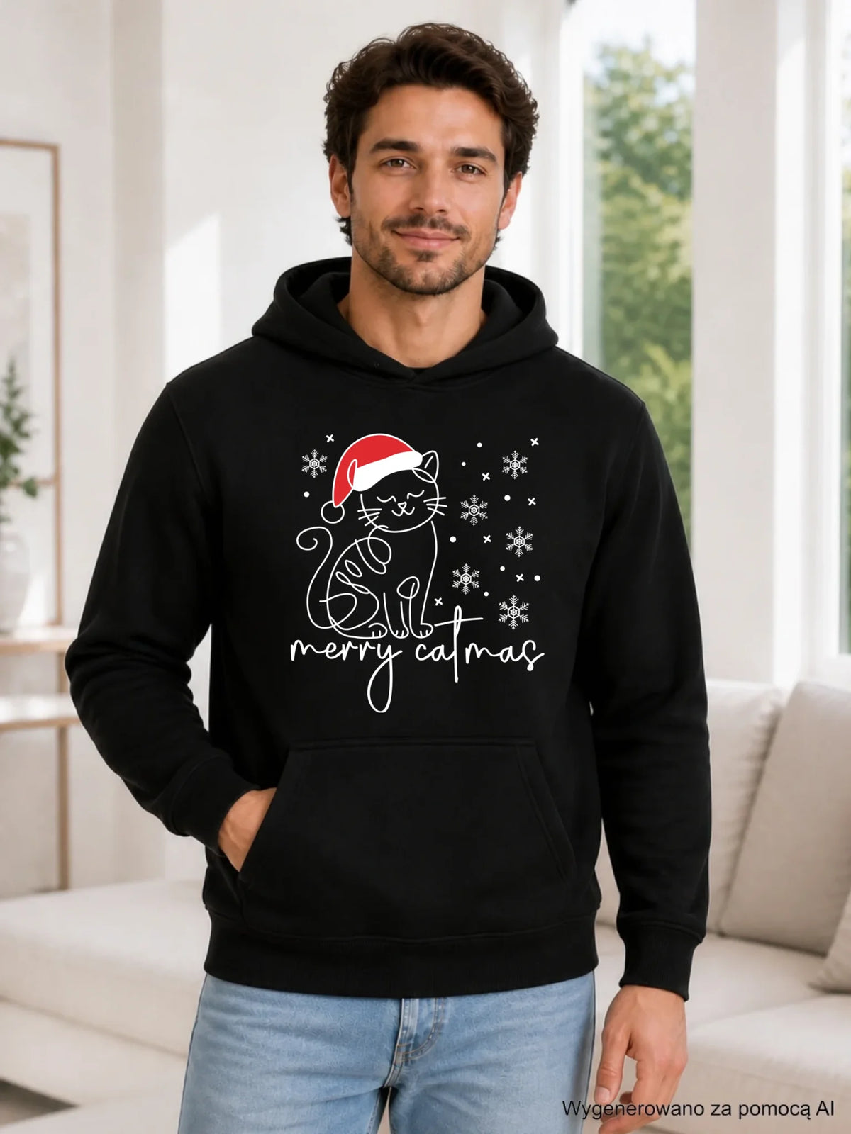 Bluza męska z kapturem świąteczna - Kot Merry catmas BN151