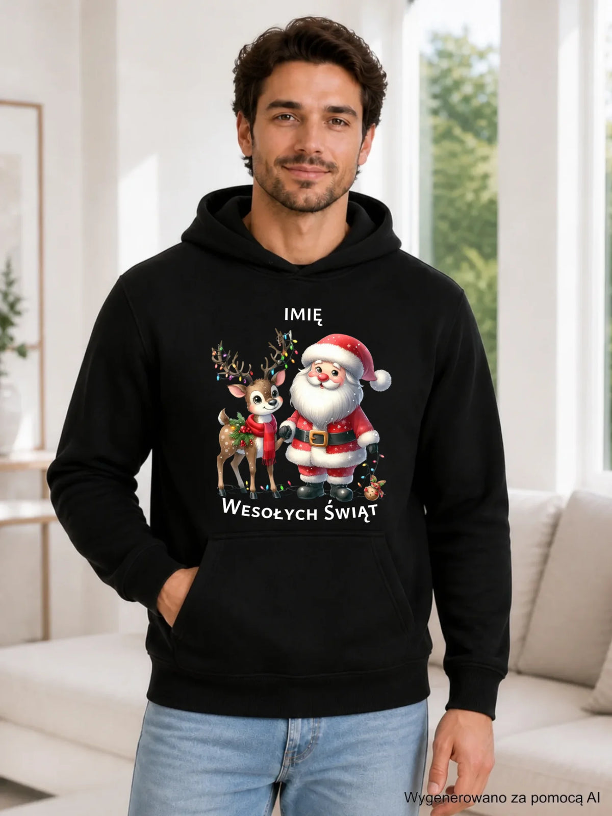Bluza męska z kapturem świąteczna - Mikołaj z reniferem - personalizowana BN09