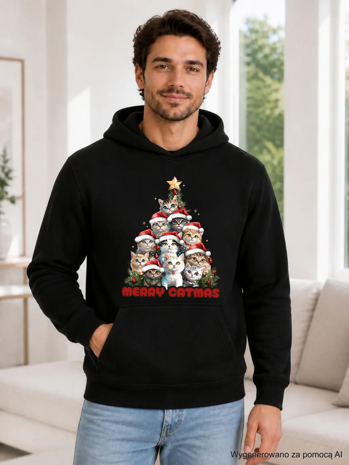 Bluza męska z kapturem świąteczna - Kocia choinka Merry Catmas BN20
