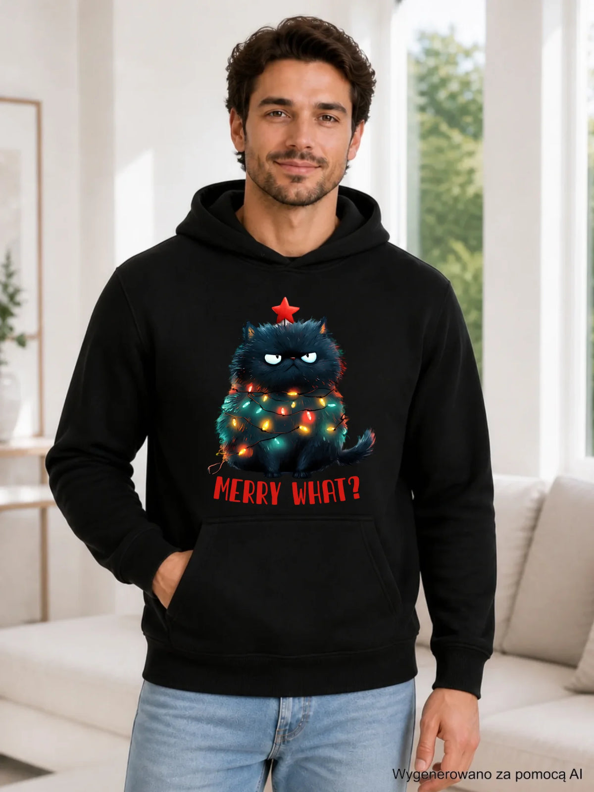 Bluza męska z kapturem świąteczna - Grumpy Cat Merry what? BN37