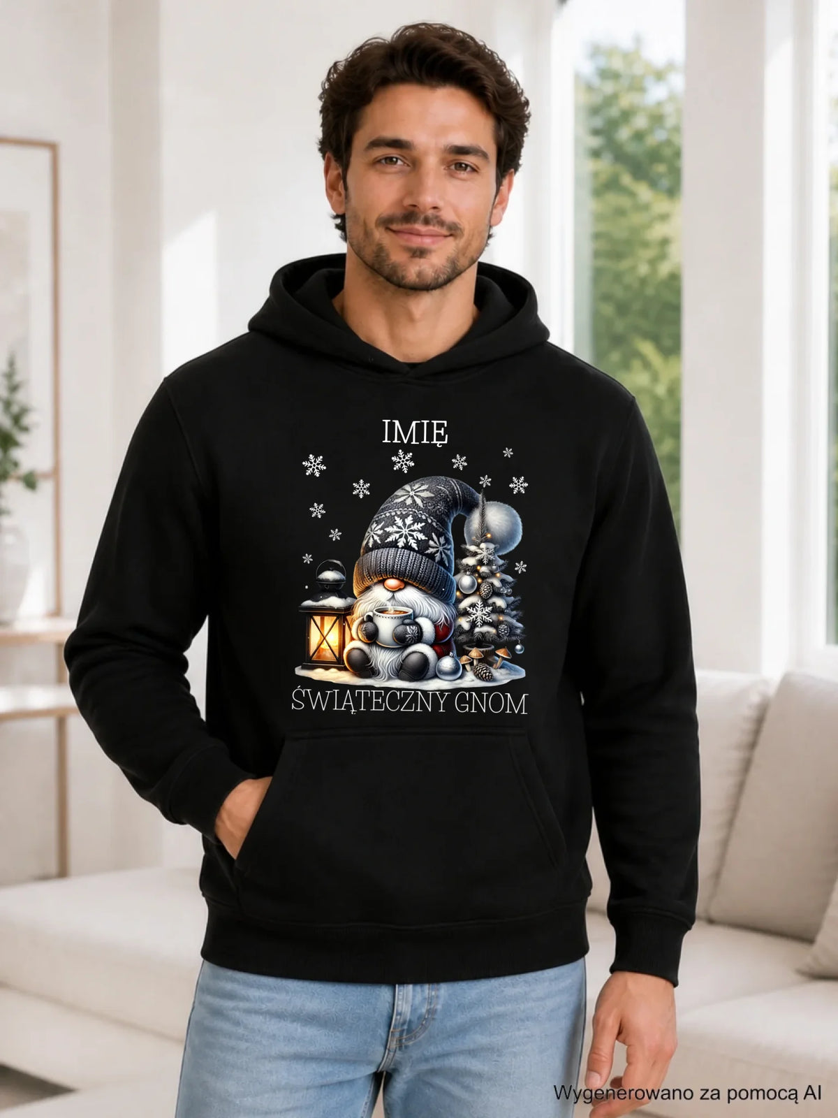 Bluza męska z kapturem świąteczna - Gnom z czekoladą - personalizowana BN41