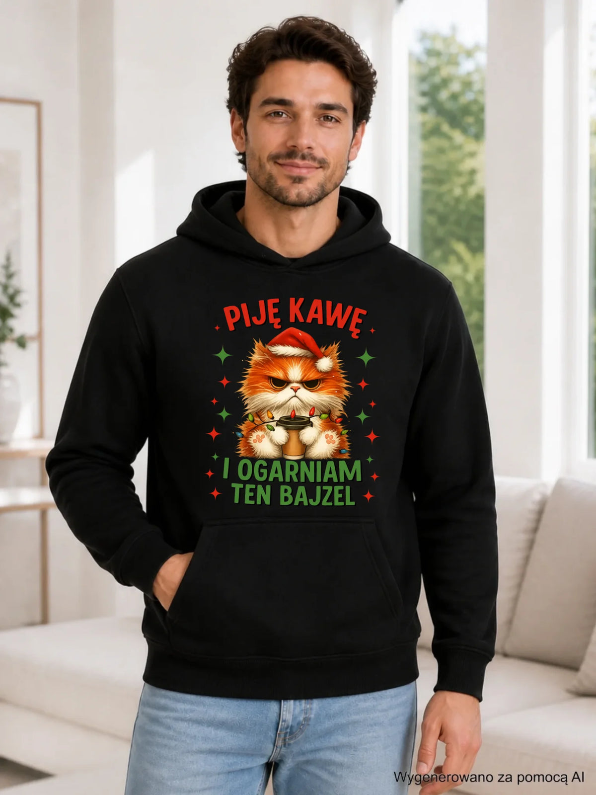 Bluza męska z kapturem świąteczna - Kot Piję kawę i ogarniam ten bajzel BN39